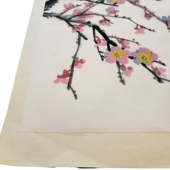 Chinese Hand Painted Fabric Art Yellow Bird + Cherry Blossoms Vintage LI5116 - Picture 3 of 4